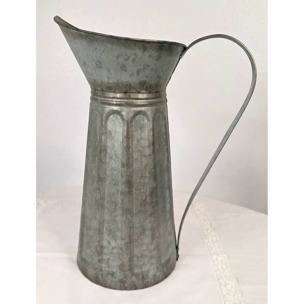 Galvanized Metal Pitcher Farmhouse Decorative Fluted Tall Zinc Vase 13.5in